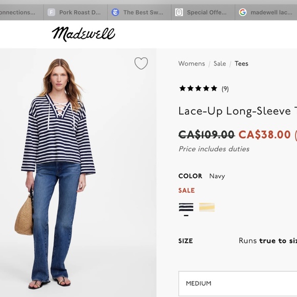 Madewell Lace Up Long sleeve T in stripes -size Medium. - Picture 1 of 3